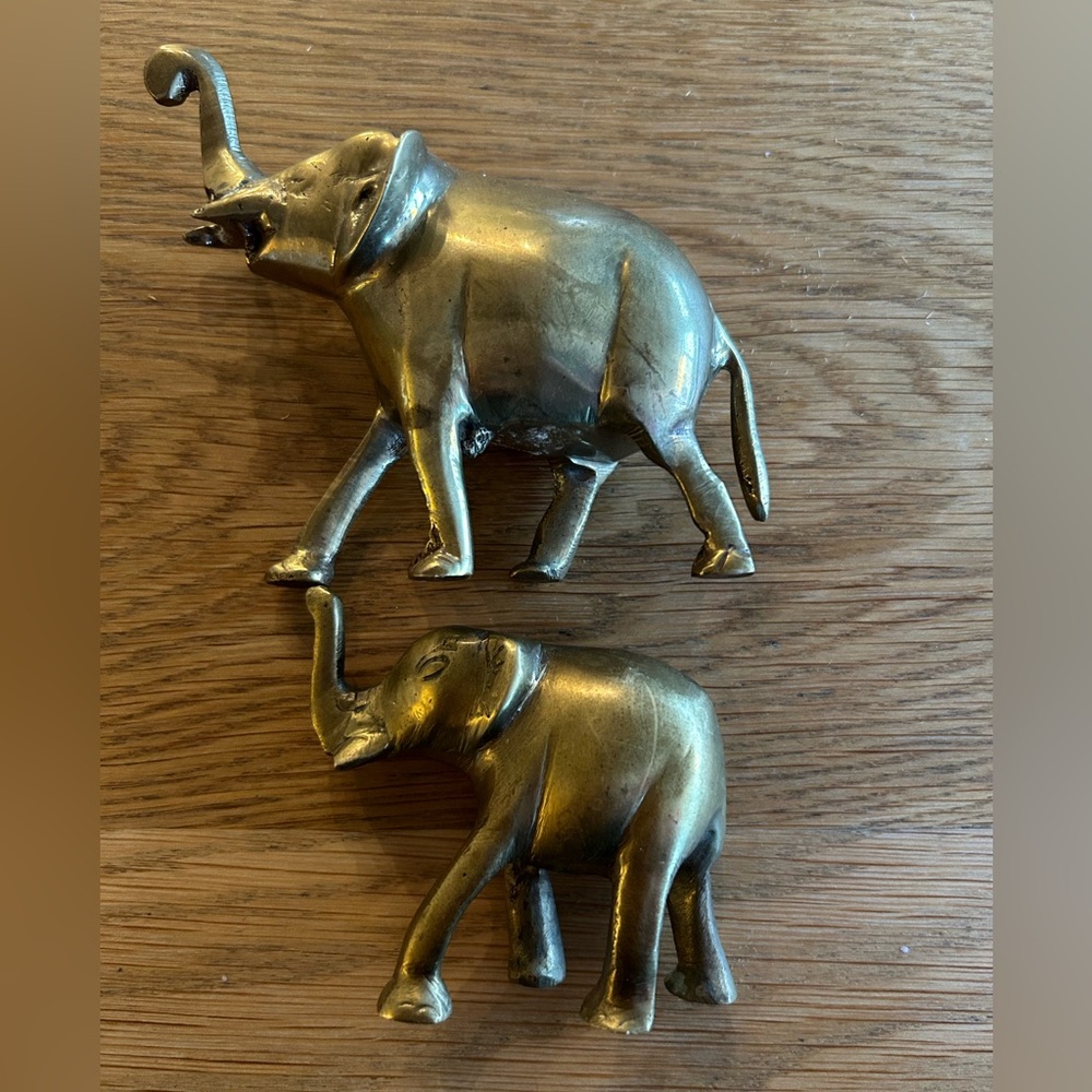 Vintage Brass Elephants With Trunks Up - Good Fortune